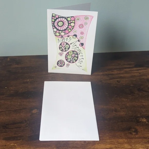 🌻 5/$20 Handmade Floral Happy Anniversary Card- Green, Pink & Black - Picture 2 of 4